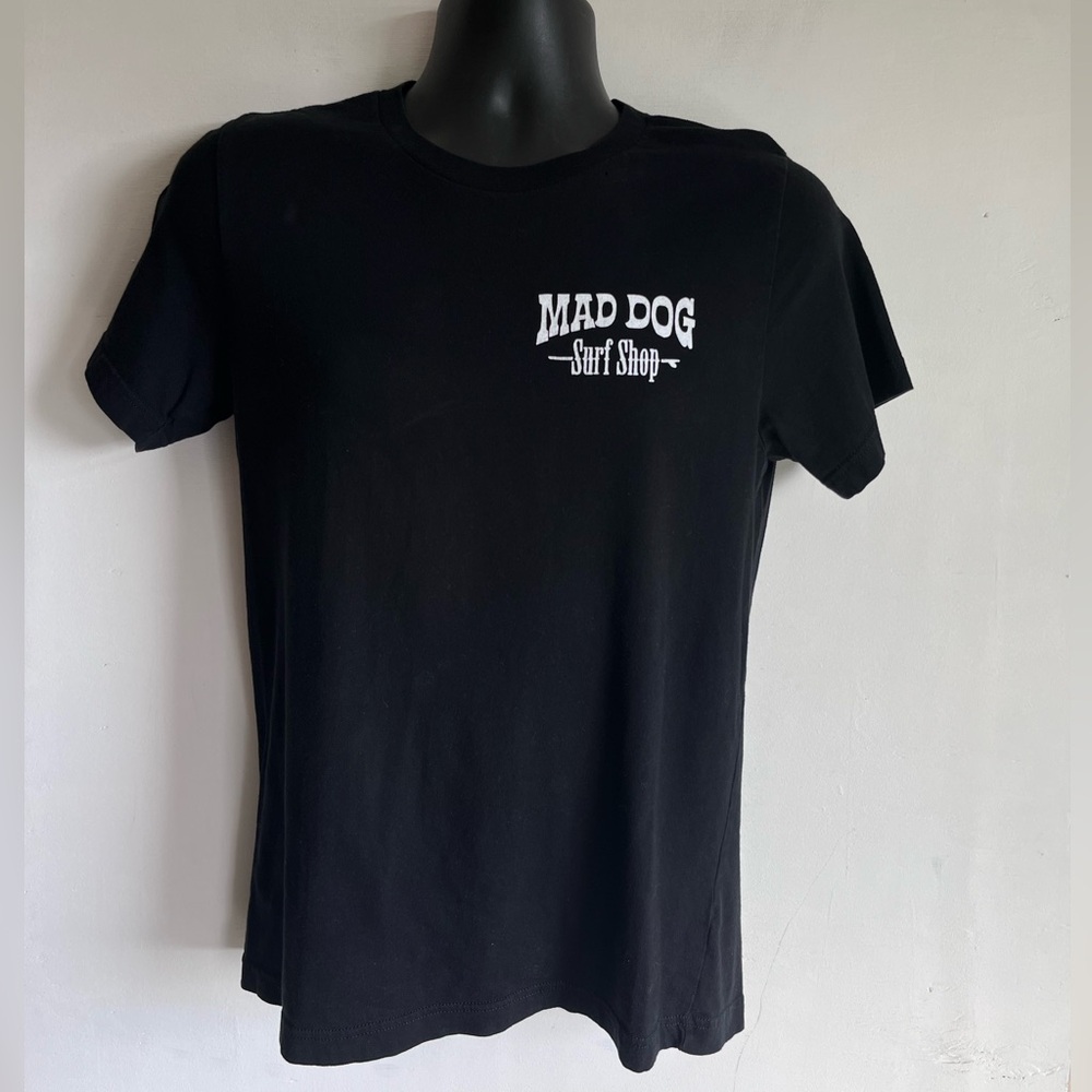 Mad Dog Surf Shop Black Crew Neck Tee with Logo on front and back of shirt Small